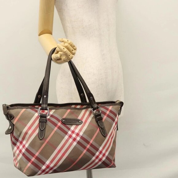 BURBERRY Nova Check Blue Label Hand Bag Nylon Red Brown Auth - Picture 1 of 16